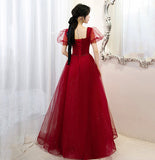 Burgundy tulle long A line prom dress evening gown HZ1023