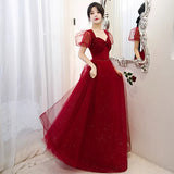 Burgundy tulle long A line prom dress evening gown HZ1023