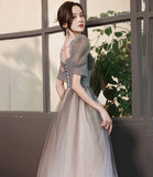 Cute tulle beads long A line prom dress evening gown HZ1023