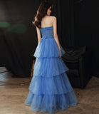 Blue tulle long A line prom dress blue evening gown HZ1023