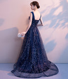 Blue v neck tulle sequins long prom dress blue evening gown HZ1023