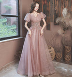 Pink tulle sequins long prom dress A line evening gown HZ1023