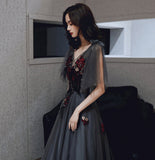 Black v neck tulle sequins long prom dress evening gown HZ1023