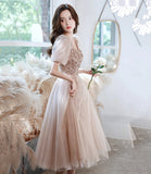 Champagne tulle beads short prom dress homecoming dress HZ1023