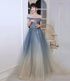 Gray tulle beads long prom dress evening dress HZ1023