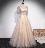 Champagne tulle sequins long prom dress evening gown HZ1023