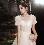 White tulle sequins long prom dress A line evening gown HZ1023