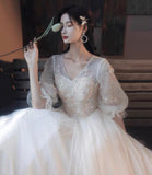 Champagne tulle lace long prom dress evening dress HZ1023