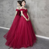 Burgundy tulle beads long prom dress A line evening dress HZ1023