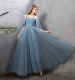 Blue tulle long prom dress A line evening dress HZ1023