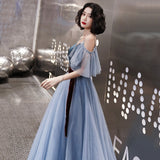 Blue tulle long A line prom dress evening dress HZ1023