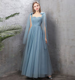 Blue tulle long prom dress A line evening dress HZ1023