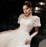White tulle sequins long prom dress A line evening gown HZ1023