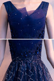 Blue v neck tulle sequins long prom dress blue evening gown HZ1023