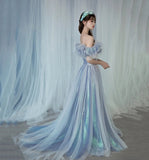 Romantic tulle long A line prom dress blue evening gown HZ1023
