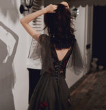 Black v neck tulle sequins long prom dress evening gown HZ1023