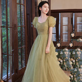Green tulle beads long prom dress A line evening dress HZ1023