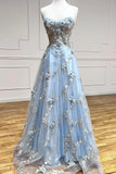Blue lace applique elegant fantasy long prom dress a line evening gown HZ1023