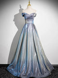 Blue Fashion Elegant Gradient Off-shoulder A-line Floor-length long satin Ball Gown Evening Gown Graduation Gown HZ1023