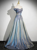 Blue Fashion Elegant Gradient Off-shoulder A-line Floor-length long satin Ball Gown Evening Gown Graduation Gown HZ1023