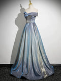 Blue Fashion Elegant Gradient Off-shoulder A-line Floor-length long satin Ball Gown Evening Gown Graduation Gown HZ1023