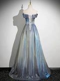 Blue Fashion Elegant Gradient Off-shoulder A-line Floor-length long satin Ball Gown Evening Gown Graduation Gown HZ1023