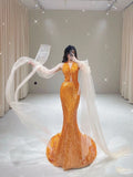 Orange Gorgeous Shiny Elegant Long Sleeve Tulle Long Sequin Mermaid Slim Ball Gown Evening Dress Party Dress HZ1023