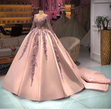 Pink Gorgeous High Quality Shiny Exquisite V-Neck Beaded Long Sleeve satin Prom Dress Evening Dress HZ1023