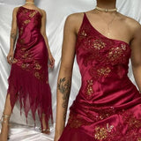 Red one shoulder fashion embroidered floral long elegant satin chiffon ruffle party dress prom dress evening gown HZ1023