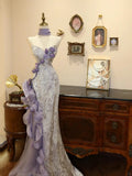 Purple Gorgeous Elegant Exquisite Floral Long Tulle Prom Dress Evening Dress Party Dress HZ1023