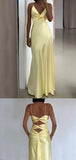 Yellow Fashion V-neck Spaghetti Straps Elegant Long Satin Back lace-up Ball Gown Evening Dress Party Dress HZ1023