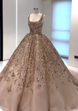 Nude pink gorgeous shiny gold sequins elegant long tulle sequin ball gown evening dress HZ1023