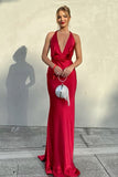 Red simple elegant V-neck long sexy satin ball gown evening dress wedding guest dress HZ1023