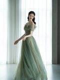 Green beautiful charming floral applique tulle long formal prom dress, evening dress, party dress HZ1023