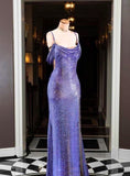 Purple Gorgeous Shiny Elegant Fashion Sequin Spaghetti Strap Long Sexy Side Slit Prom Dress Evening Dress Party Dress HZ1023