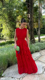 Red fashion unique round neck exposed waist ruffle long chiffon ball gown evening dress wedding guest party dress HZ1023