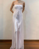 White Beautiful Elegant Delicate Floral Spaghetti Strap Long Satin Tulle Ball Gown Evening Gown Party Dress Prom Gown HZ1023