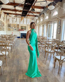 Green simple and elegant lace-up halter neck backless slit long slim satin banquet dress evening dress ball gown wedding guest dress HZ1023