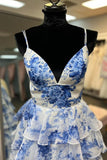 Blue Floral Print V Neck A-Line Spaghetti Straps Ruffles Tiered Slits Long Graduation Dress Evening Gown Prom Dress Wedding Guest Party Dress HZ1023