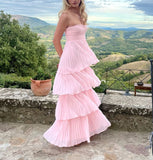 Cream Yellow/Light Pink/Green Fashion Elegant Strapless Long Chiffon Layered Ball Gown Evening Dress Wedding Bridesmaid Party Dress Prom Dress HZ1023