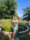 Blue Fashion Elegant Sweetheart Neck Long Slim Fit Satin Slit Ball Gown Evening Gown Garden Party Gown Graduation Gown Prom Gown Wedding Guest Party Gown Bridesmaid Gown HZ1023