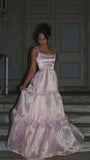 Pink Fashion Elegant Shiny A-line Spaghetti Strap Long satin Lace Ball Gown,Evening Dress,Party Dress HZ1023