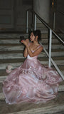 Pink Fashion Elegant Shiny A-line Spaghetti Strap Long satin Lace Ball Gown,Evening Dress,Party Dress HZ1023