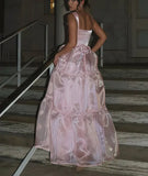 Pink Fashion Elegant Shiny A-line Spaghetti Strap Long satin Lace Ball Gown,Evening Dress,Party Dress HZ1023