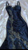 Blue gorgeous exquisite applique lace spaghetti straps long satin prom dress evening dress party dress HZ1023
