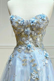 Blue lace applique elegant fantasy long prom dress a line evening gown HZ1023