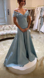 Blue elegant simple off-shoulder tulle long ball gown evening dress HZ1023