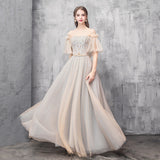 Champagne tulle beads prom dress evening dress HZ1023