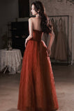 Burgundy satin tulle long prom dress A line evening dress HZ1023