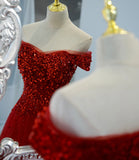 Red tulle sequins long prom dress red evening dress HZ1023